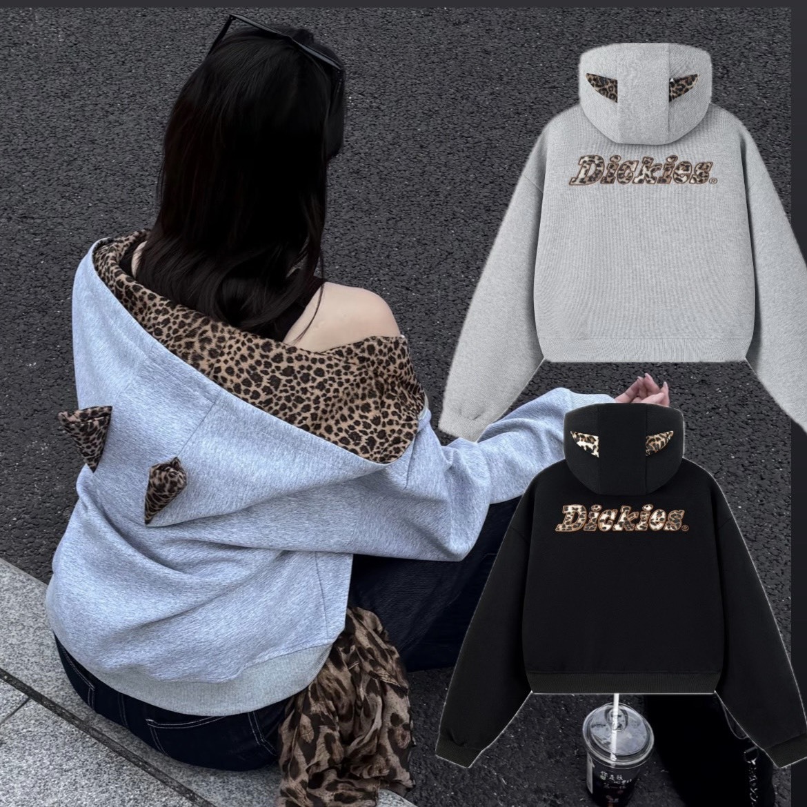 『預購商品』Dickies 美式復古豹紋刺繡連帽外套 寬鬆拉鍊落肩 DKU263MKJONR-JF-D9120