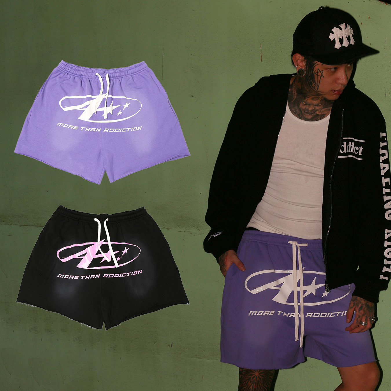 MTA A LOGO SWEAT SHORTS 紫色 黑色 重磅 做舊 膠印 不收邊 棉質 短褲【M26SASS】