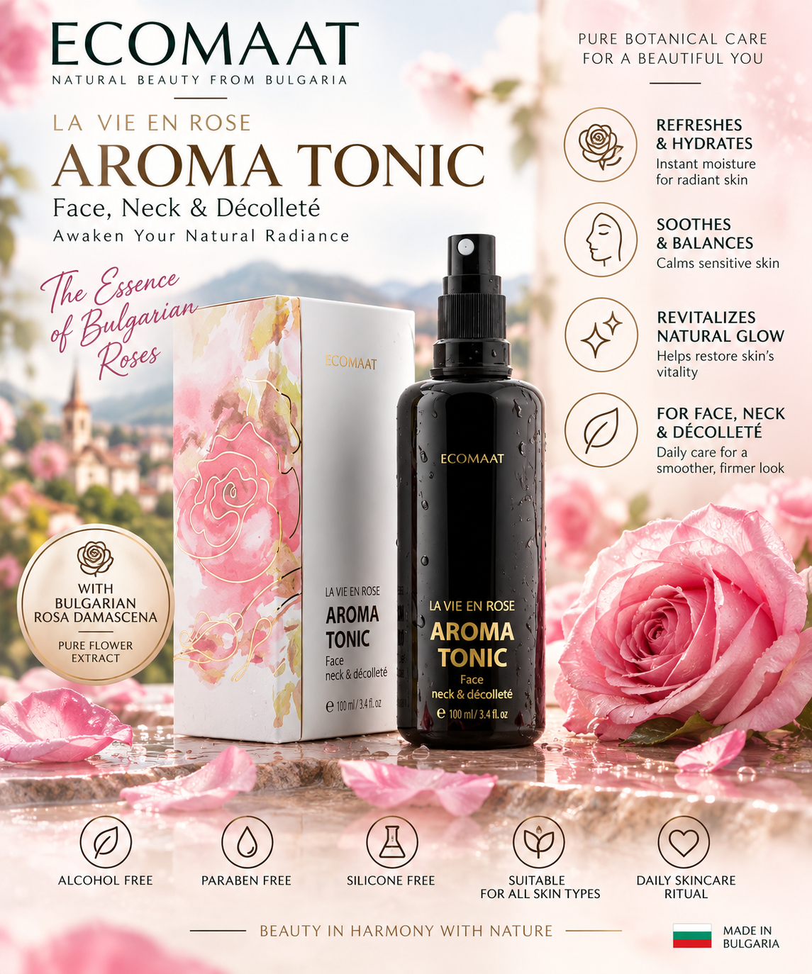 ECOMAAT 伊可茉【正品 】保加利亞 原生雙玫瑰極緻有機純露 100ml｜La Vie en Rose Aroma Tonic｜大馬士革玫瑰×白玫瑰保濕調理水
