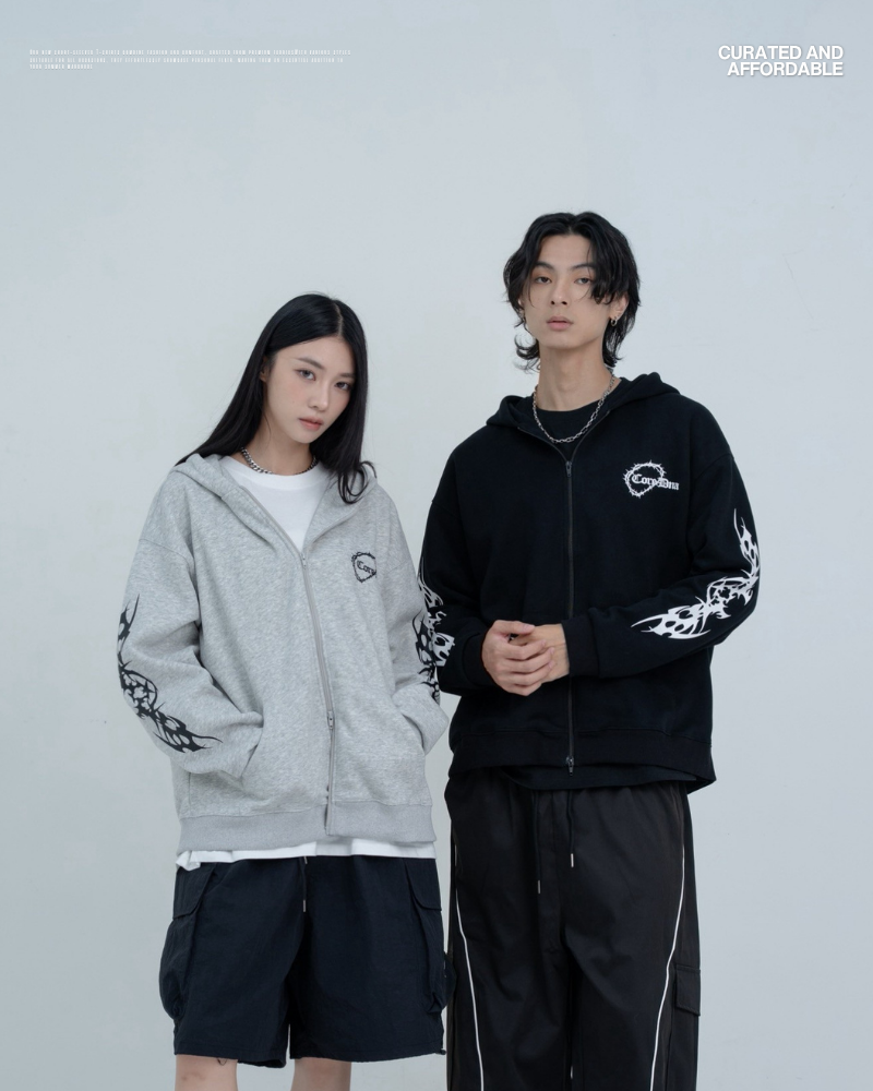 荊棘圖騰拉鍊開襟連帽外套