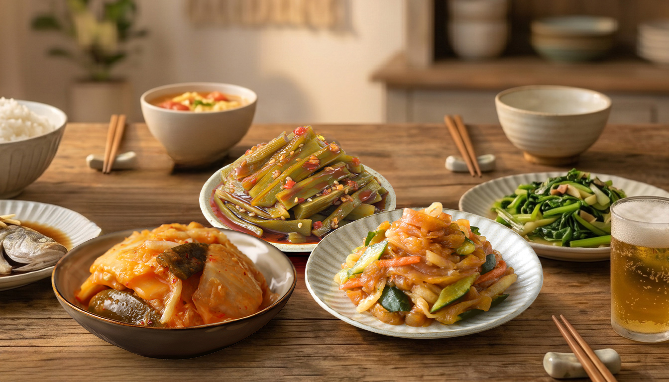 協發行泡菜產品-剝椒催淚泡菜、偷心貢菜、偷心海蜇-居家餐桌盤裝呈現。