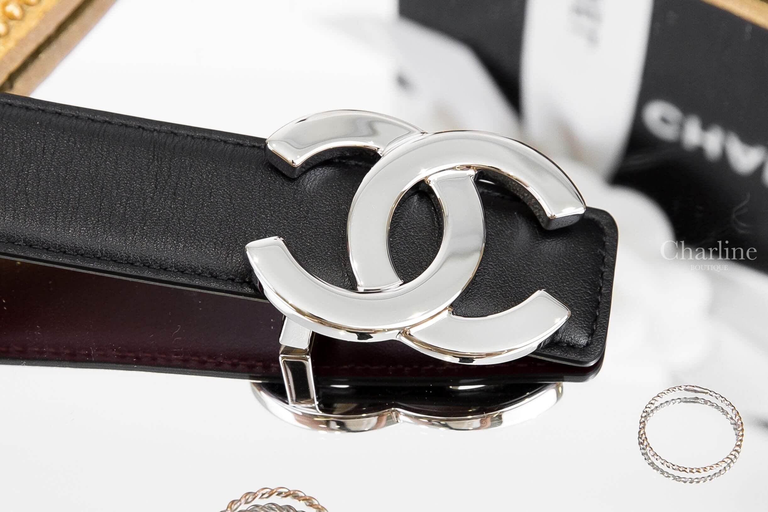 Chanel Leather Belt 黑色/勃根地酒紅色金CC小牛皮雙面皮帶