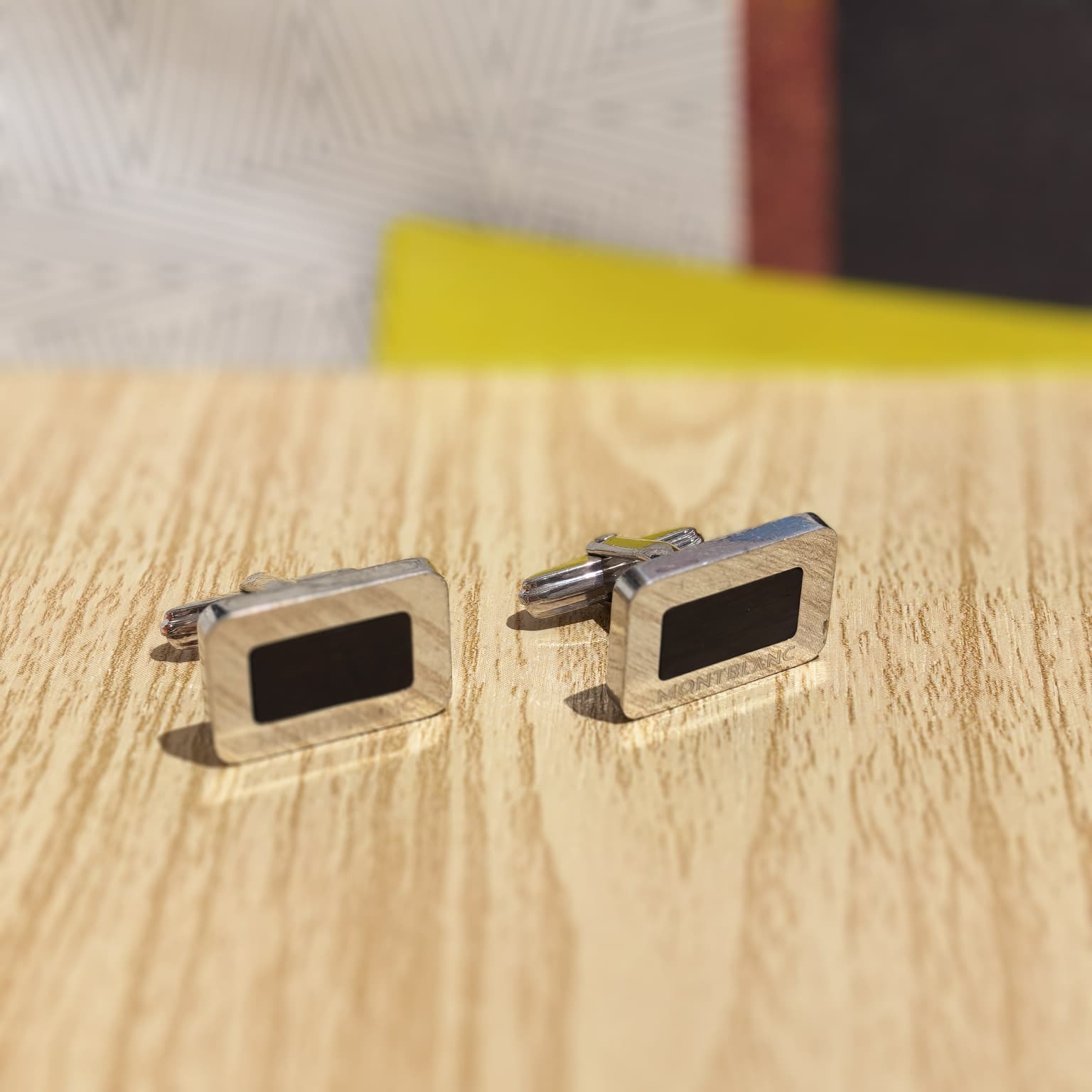 USED MONT BLANC袖口鈕/Cufflinks 925純銀 萬寶龍長方型黑面 袖口扣 #香榭站正品