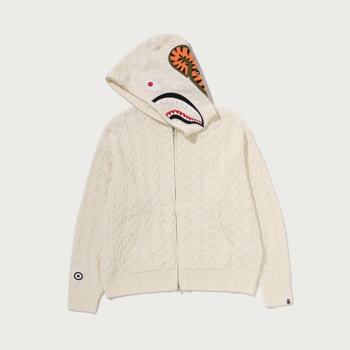 -(B2d01)-A BATHING APE BAPE CABLE KNIT SHARK RELAXED FIT FULL ZIP HOODIE 針織 麻花 連帽 鯊魚外套 黑色/象牙白/粉色-1M80120303