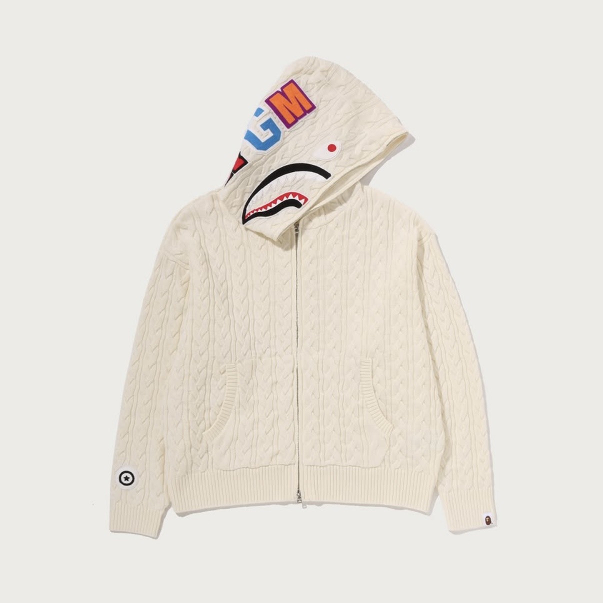 -(B2d01)-A BATHING APE BAPE CABLE KNIT SHARK RELAXED FIT FULL ZIP HOODIE 針織 麻花 連帽 鯊魚外套 黑色/象牙白/粉色-1M80120303