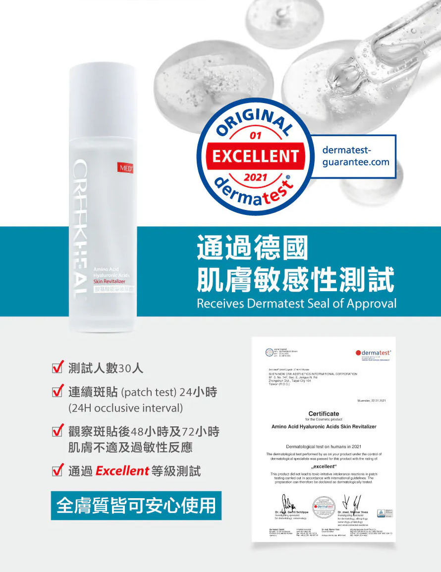珂芮爾胺基酸能量玻尿酸通過2021年德國肌膚敏感性測試（Dermatest），經30人連續斑貼24小時並觀察後續反應，獲得Excellent最高等級認證，全膚質皆可安心使用。