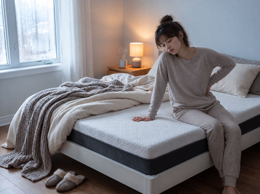 年輕女性_天冷早上坐床邊扶腰