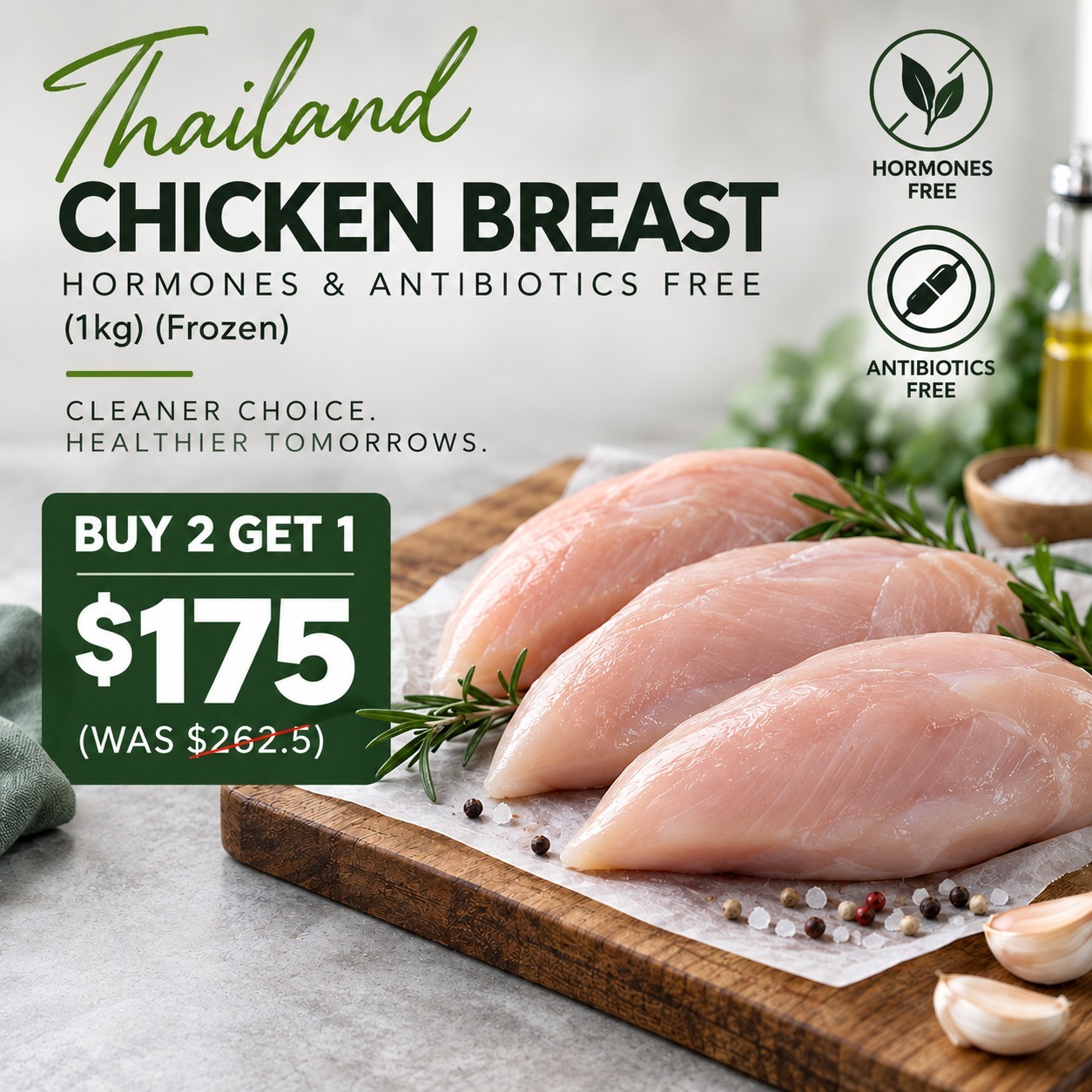 Thailand Chicken Breast Hormones & Antibiotics Free (1kg) (Frozen) Buy 2 get 1