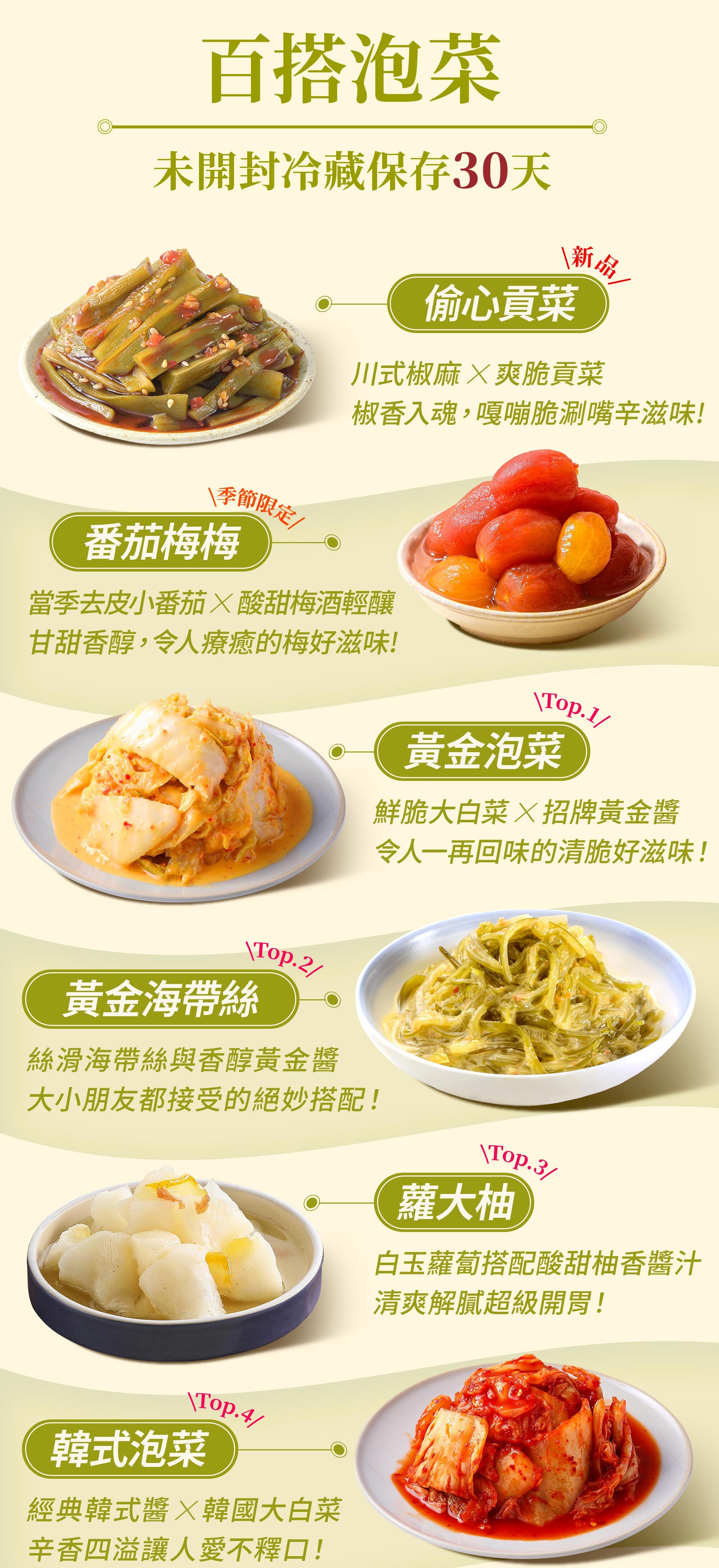 協發行泡菜百搭泡菜系列:偷心貢菜、番茄梅梅、招牌黃金泡菜、黃金海帶絲、蘿大柚與韓式泡菜,端午粽子搭配與母親節養生解膩開胃首選。