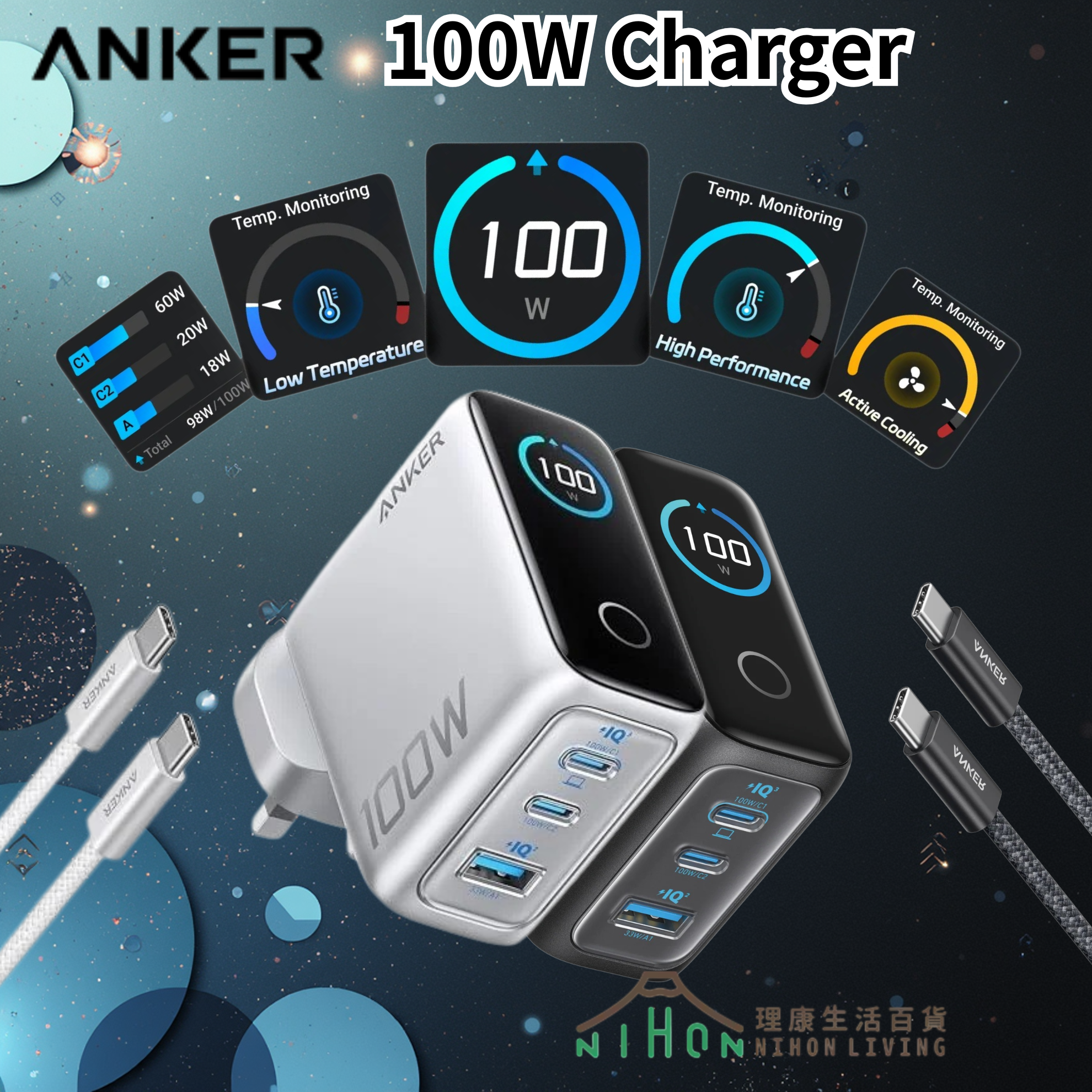 Anker Charger 100W 3 Ports Smart Display with USB-C Cable(GrayBlack / Silver)