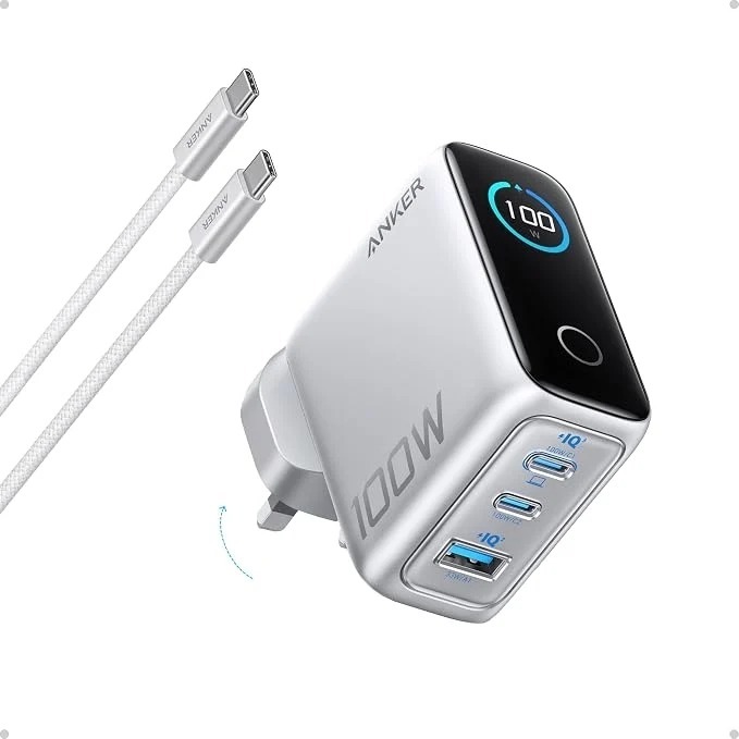 Anker Charger 100W 3 Ports Smart Display with USB-C Cable(GrayBlack / Silver)