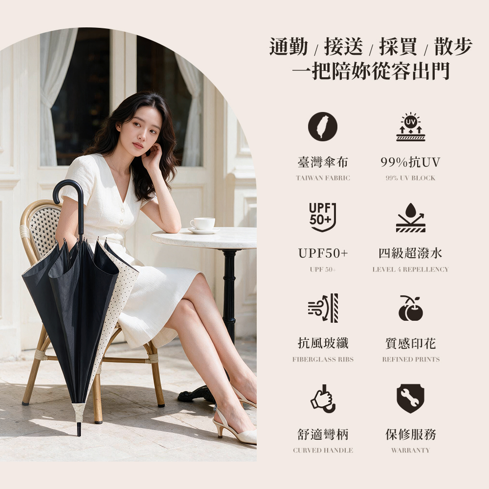雨之戀日系防曬直傘,通勤/接送/採買/散步,一把陪妳從容出門,採用臺灣傘布,具99%抗UV、UPF50+、四級超潑水、抗風玻纖、質感印花、舒適彎柄與保修服務。