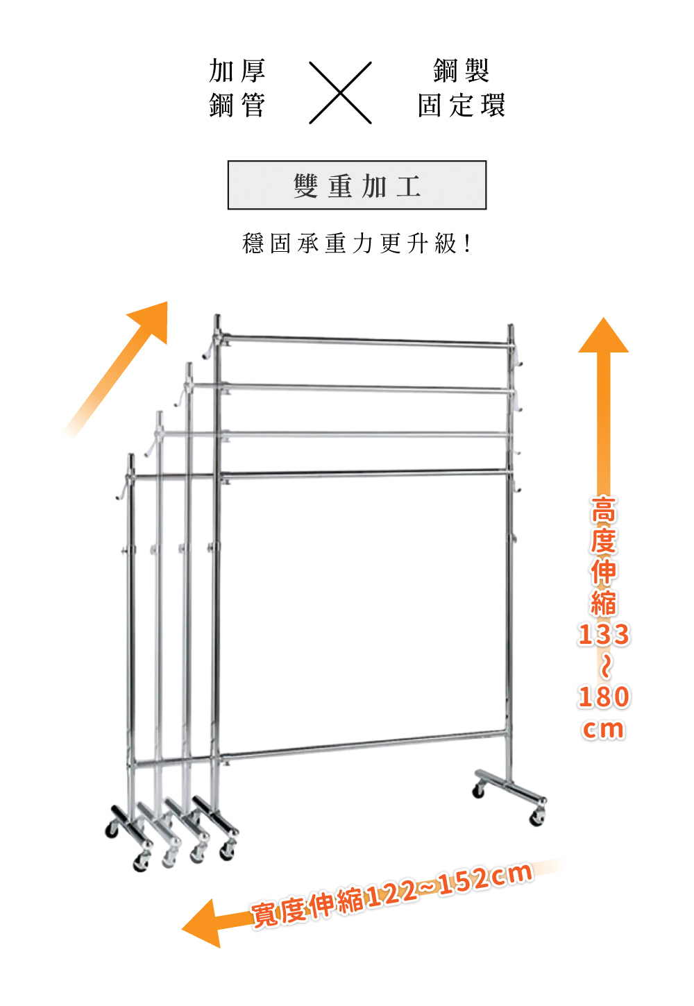 MIT台灣製 SteelGuard Series移動式落地款掛衣架 (雙桿×附置物底架×寬122~152cm)