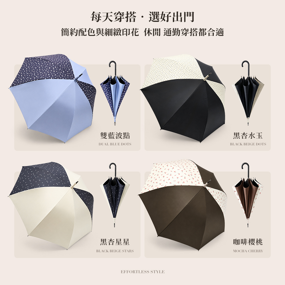 日系防曬直傘簡約配色與細緻印花,休閒、通勤穿搭都合適,質感印花防曬直傘共有雙藍波點(DUAL BLUE DOTS)、黑杏水玉(BLACK BEIGE DOTS)、黑杏星星(BLACK BEIGE STARS)及咖啡櫻桃(MOCHA CHERRY)四款配色。