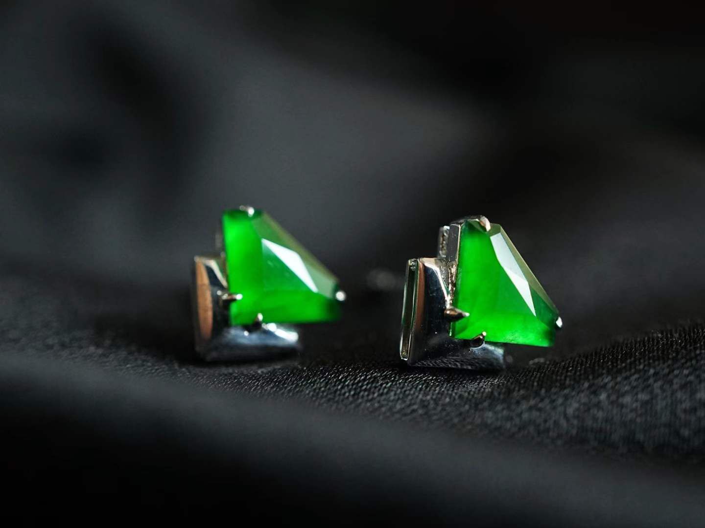 翡翠冰辣陽綠幾何耳釘,天然翡翠A玉, 緬甸玉, Jade, Jadeite