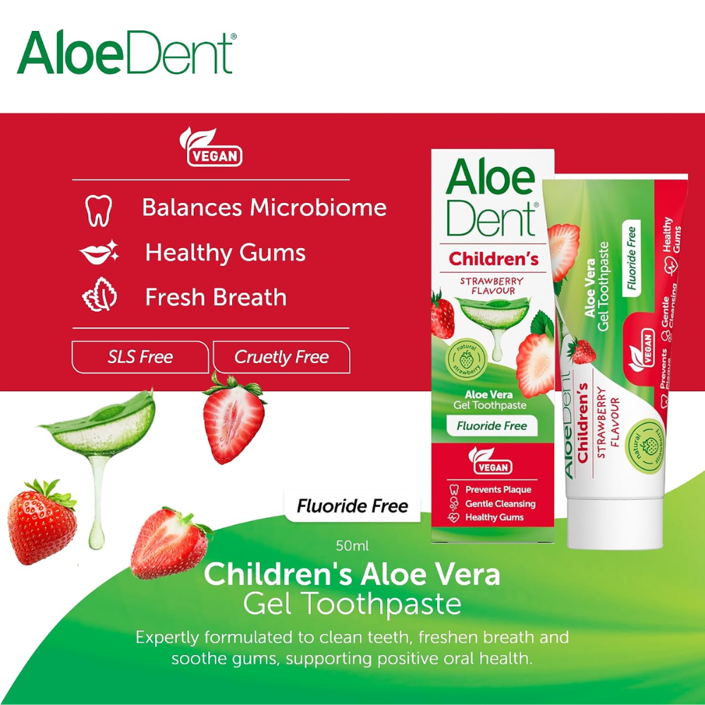 AloeDent Children's Strawberry Toothpaste (Fluoride-free, Kids Whitening toothpaste, Aloe vera, Tea Tree) (50ml) (HC328)