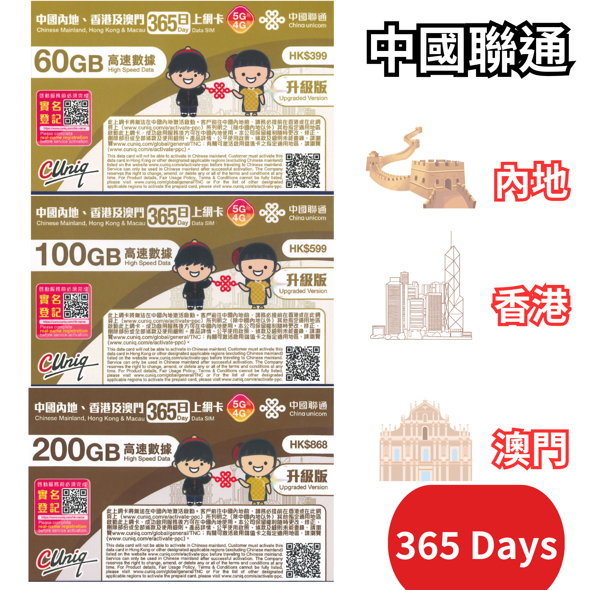 China Unicom -【Mainland China．Hong Kong．Macau】5G/4G Data SIM Card【365-Day】