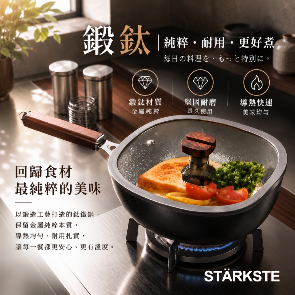 WSBB12758 STÄRKSTE® 職人手工錘紋｜不沾鈦鐵鍋(附鍋蓋) （11月中）