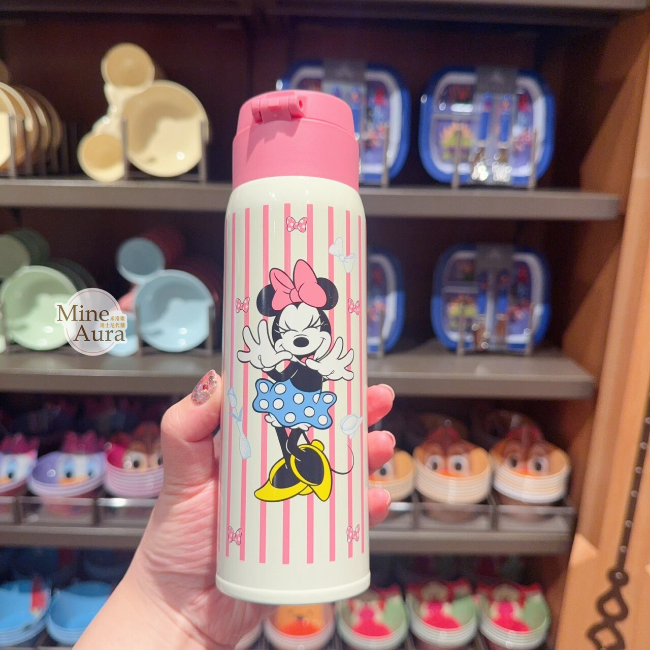 米妮 Minnie 直條紋 圖案 保溫瓶 水壺 -上海迪士尼樂園