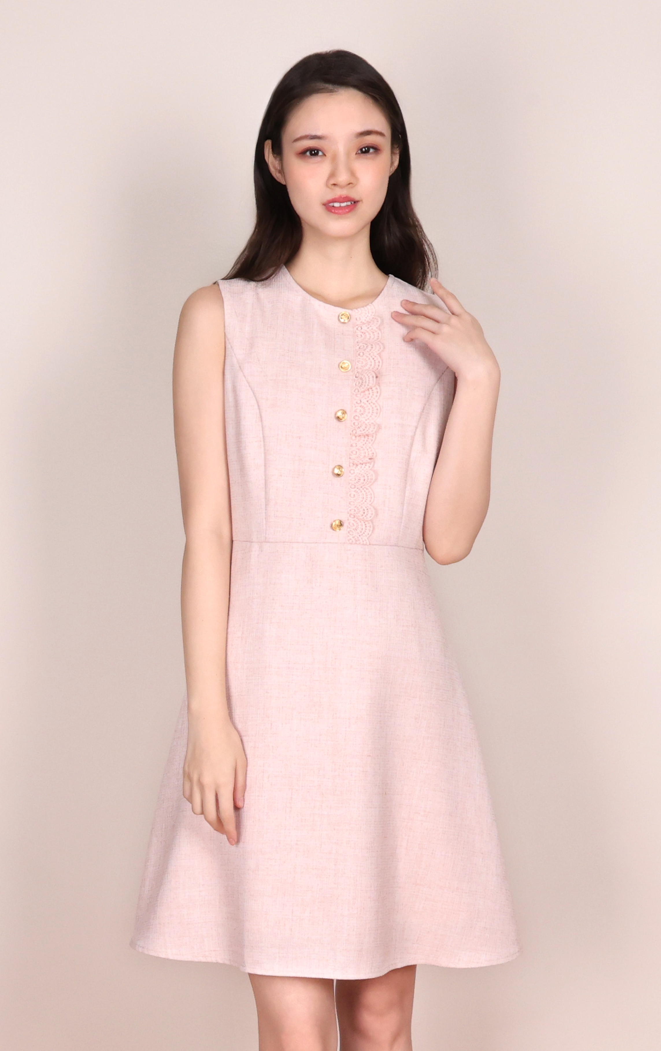 Gold-Button Lace-Trim Cinched Sleeveless Dress OP0703