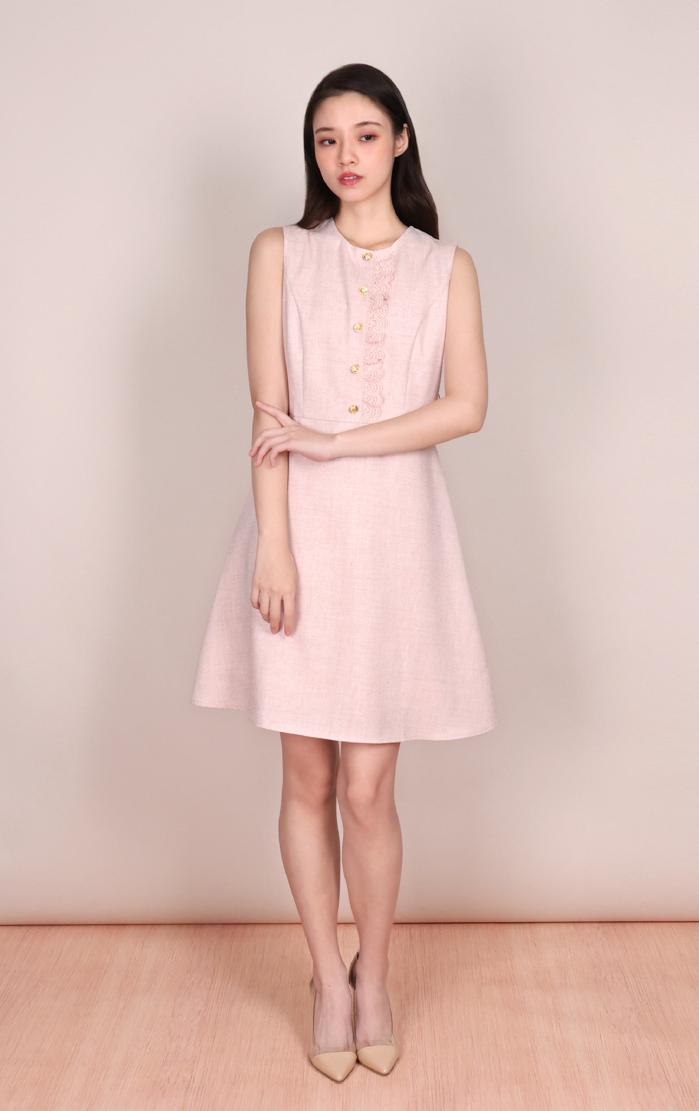 Gold-Button Lace-Trim Cinched Sleeveless Dress OP0703
