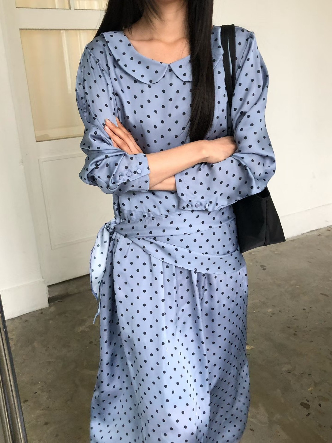 圓點附巾長洋裝