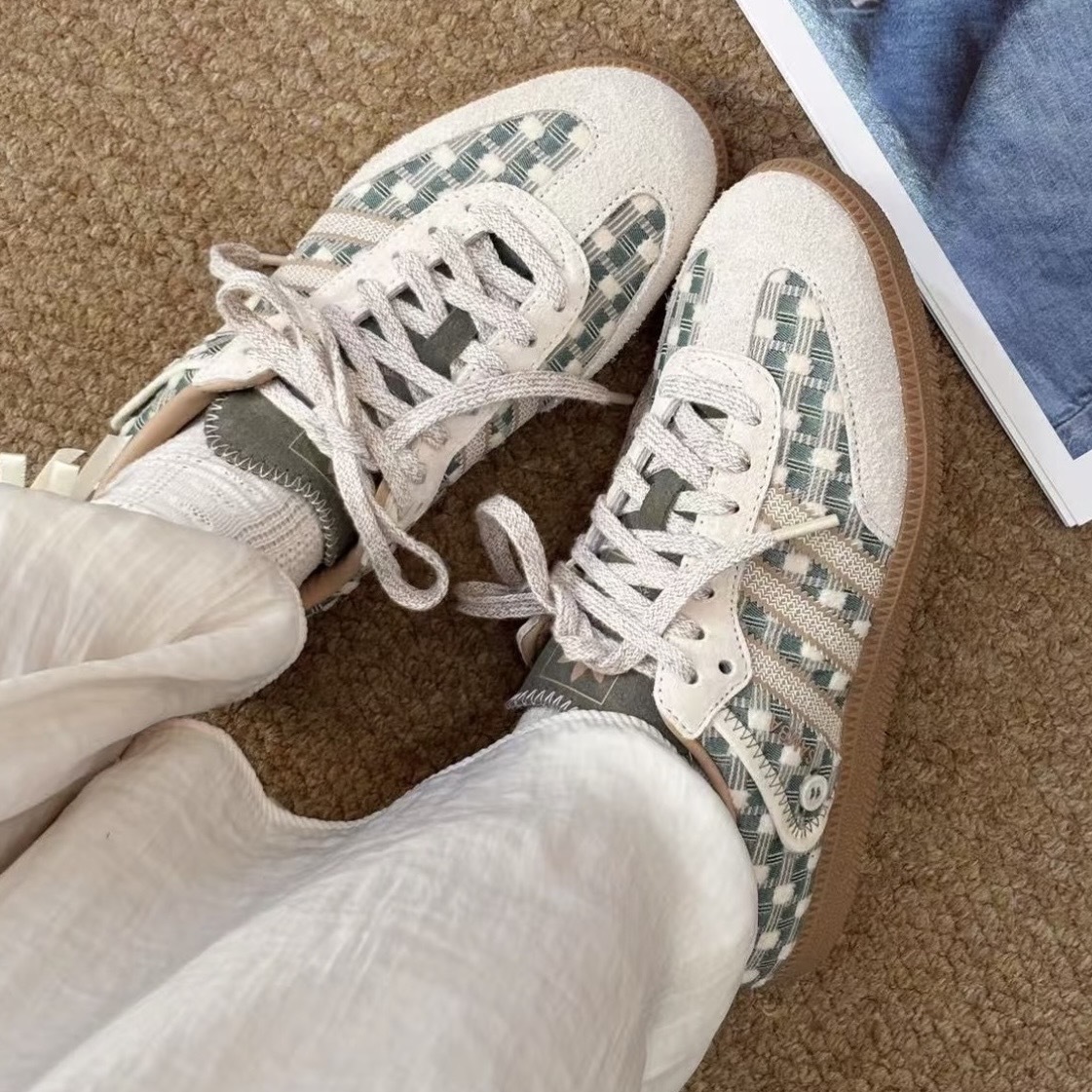 ADIDAS ORIGINALS SAMBA OG 綠格紋 鈕扣 田園復古風 德訓鞋 休閒 森巴 HP3753