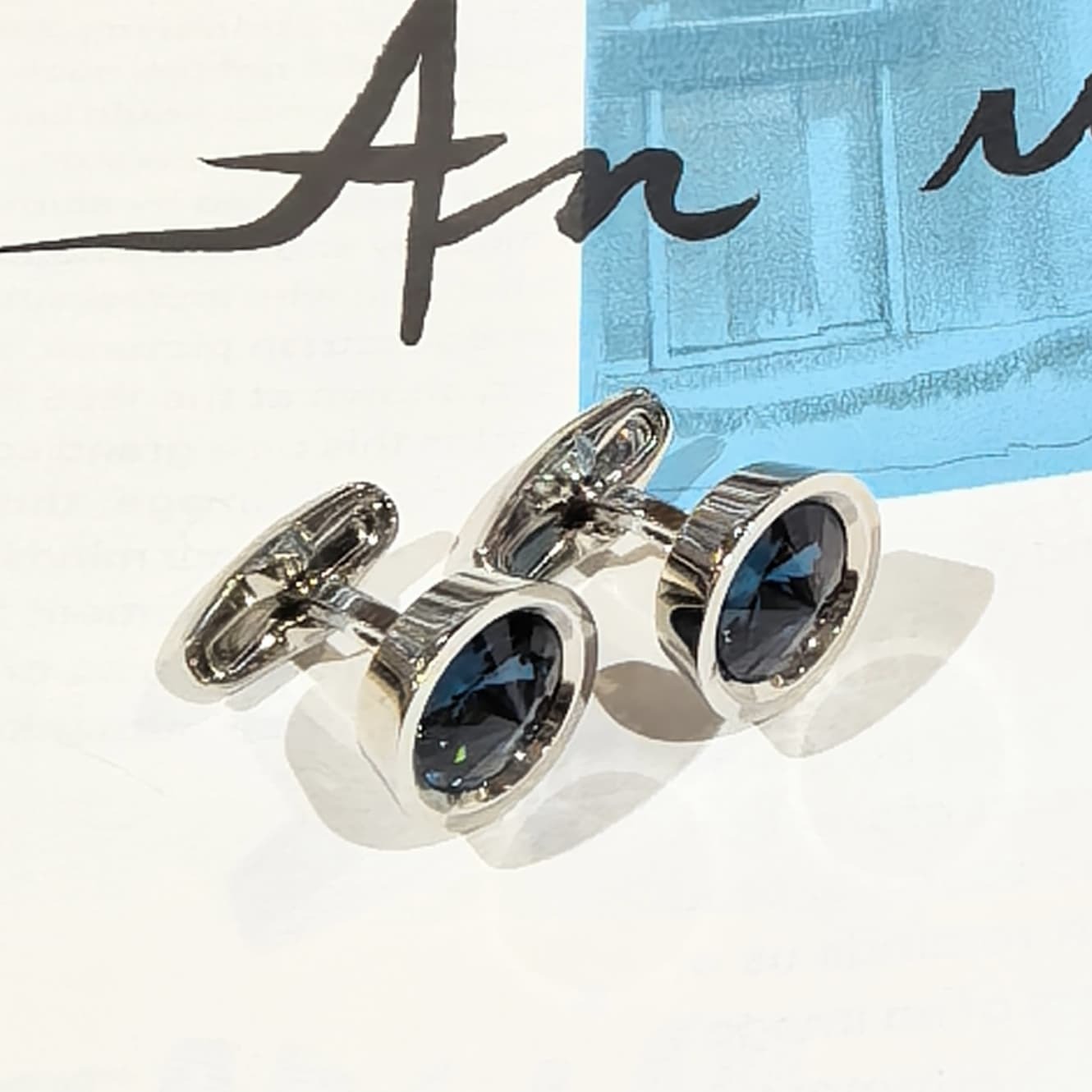 USED SWAROVSKI 袖口鈕/Cufflinks 圓形藍色彩鑽扣 Round Blue Cufflinks #香榭站正品