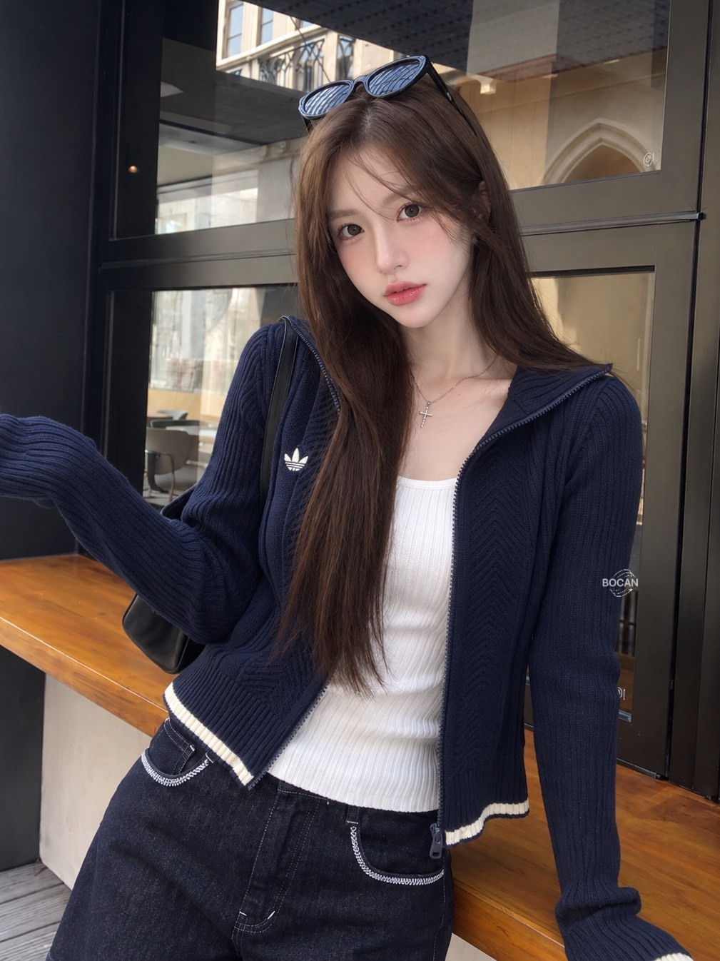 ADIDAS ORIGINALS 雙拉鍊 長袖針織 海軍藍女款