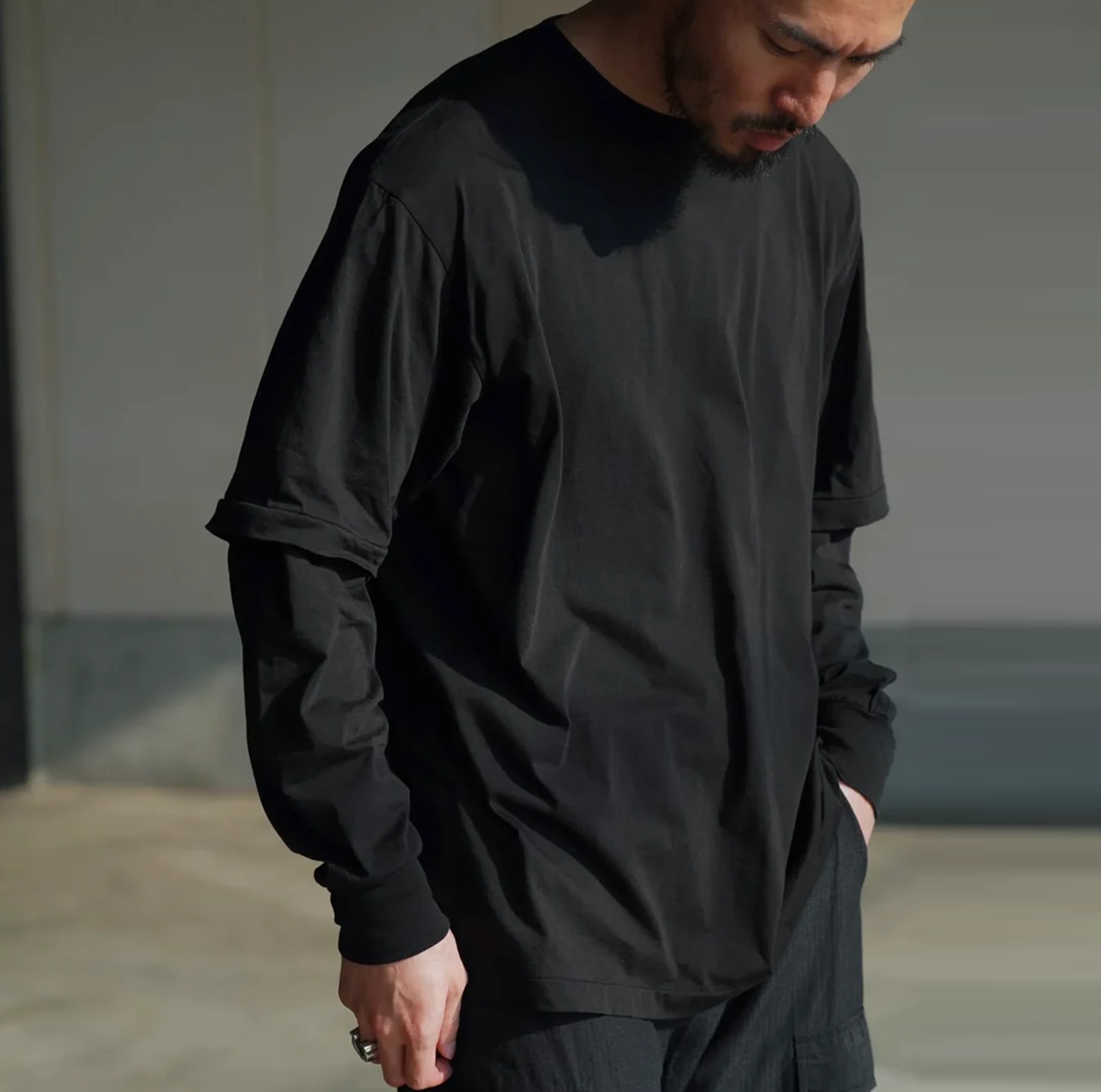 COMOLI THIN COTTON LAYERED T-SHIRT - BLACK PRE ORDER ITEM (預訂中)