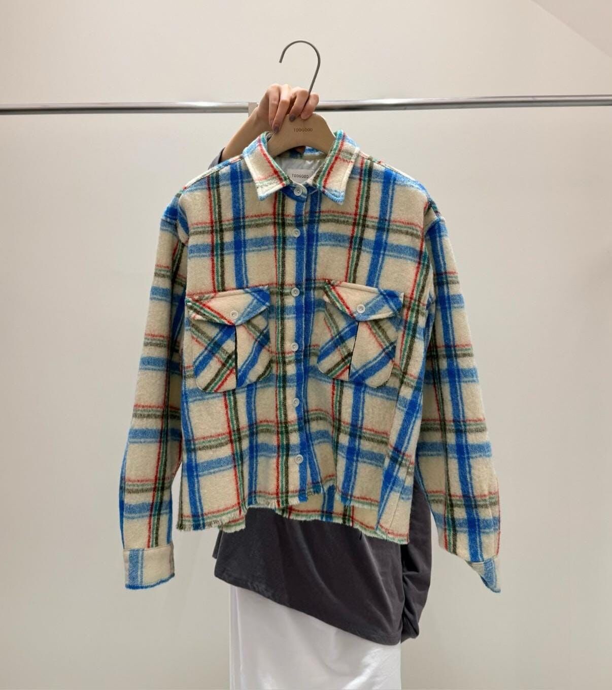 TG7141 厚實拉絨毛呢雙口袋格紋襯衫外套