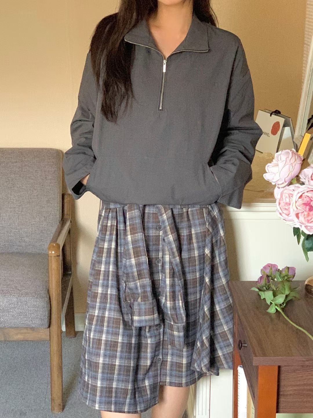 綁袖格子中裙