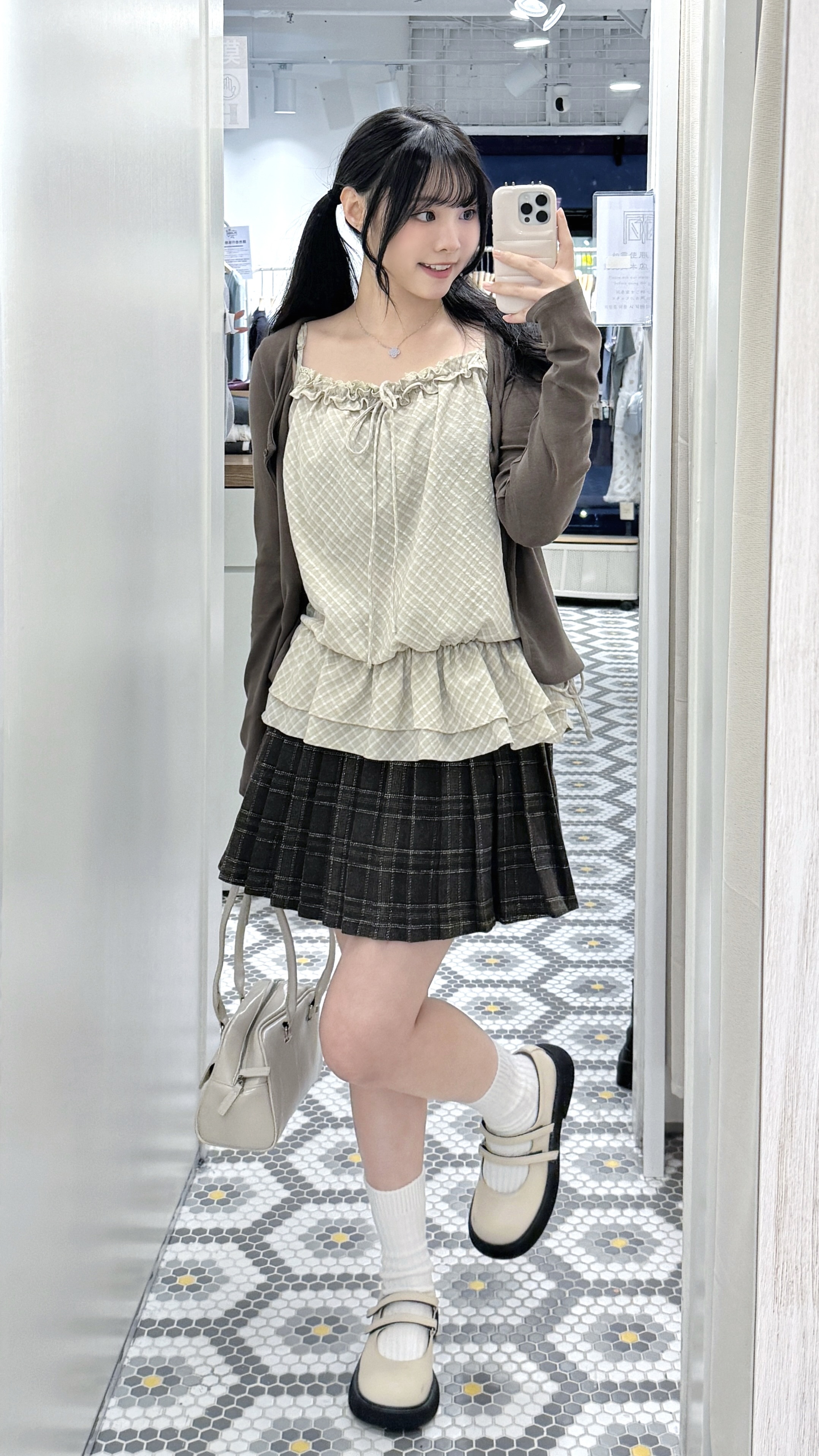 S0281｜小熊系通花ruffle邊菱格紋束束下擺吊帶上衣OPS連長袖外套SET˚ʚ🧸ɞ˚