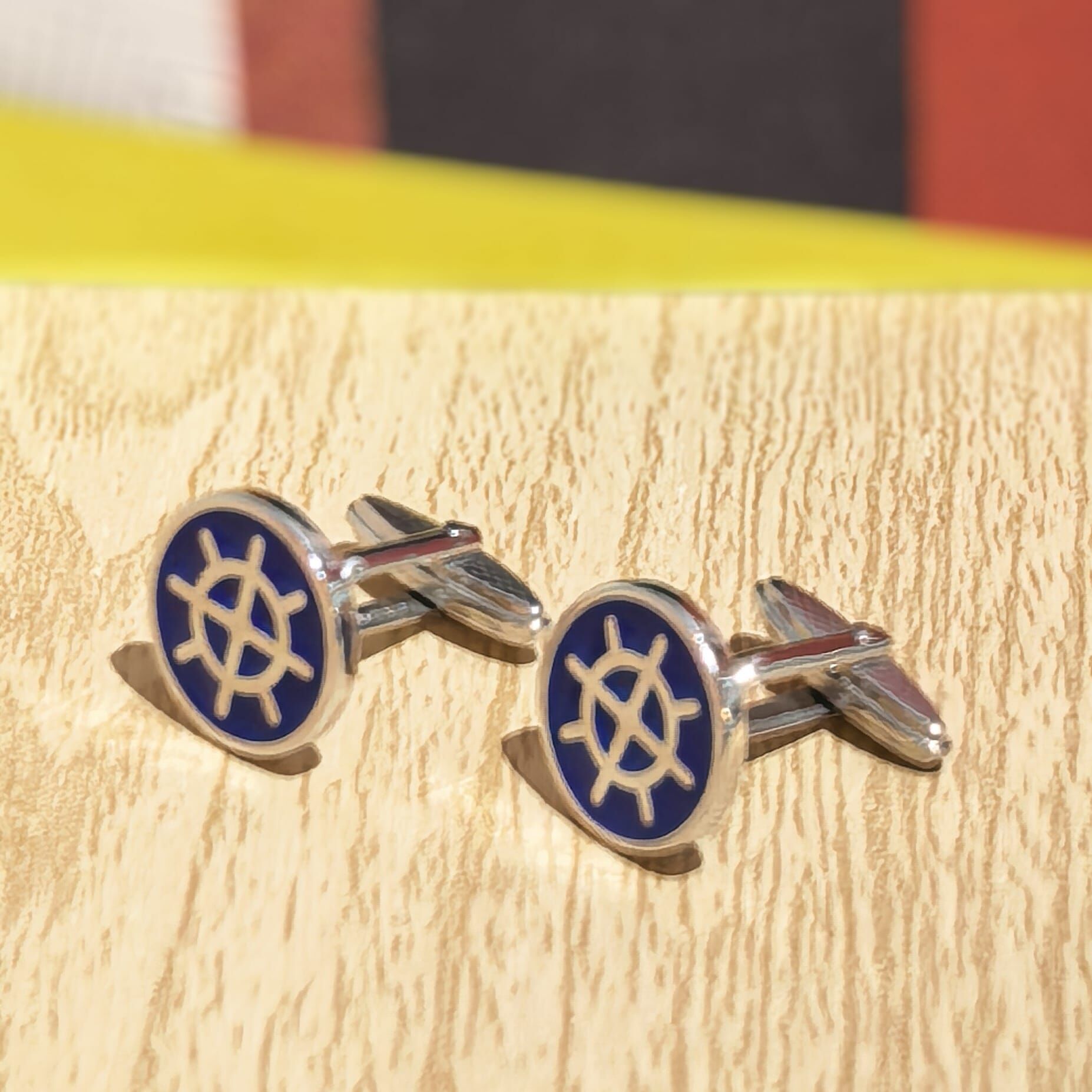USED 925 Sterling Silver袖口鈕/Cufflinks 藍面航輪標誌拼銀 #香榭站正品