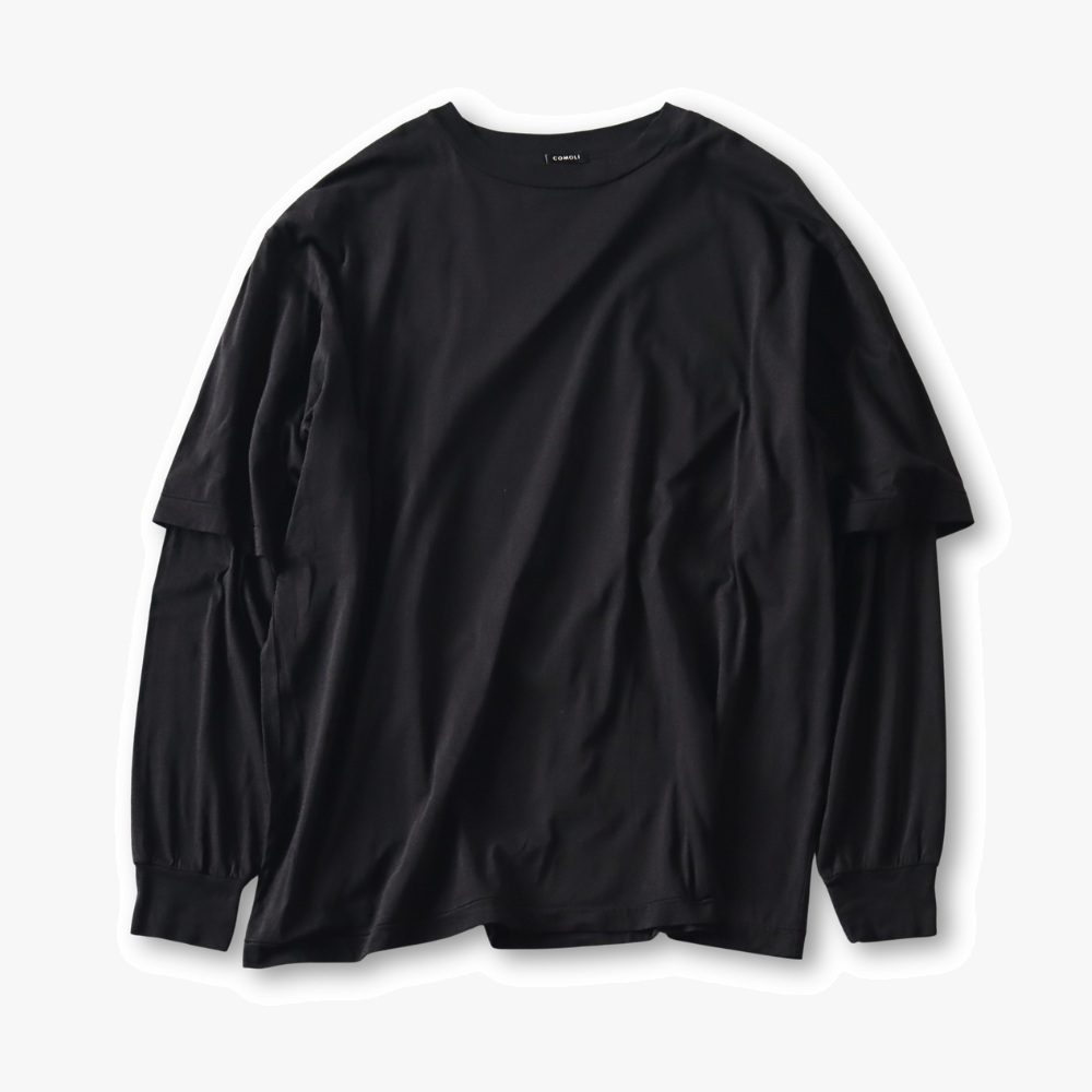 COMOLI THIN COTTON LAYERED T-SHIRT - BLACK PRE ORDER ITEM (預訂中)