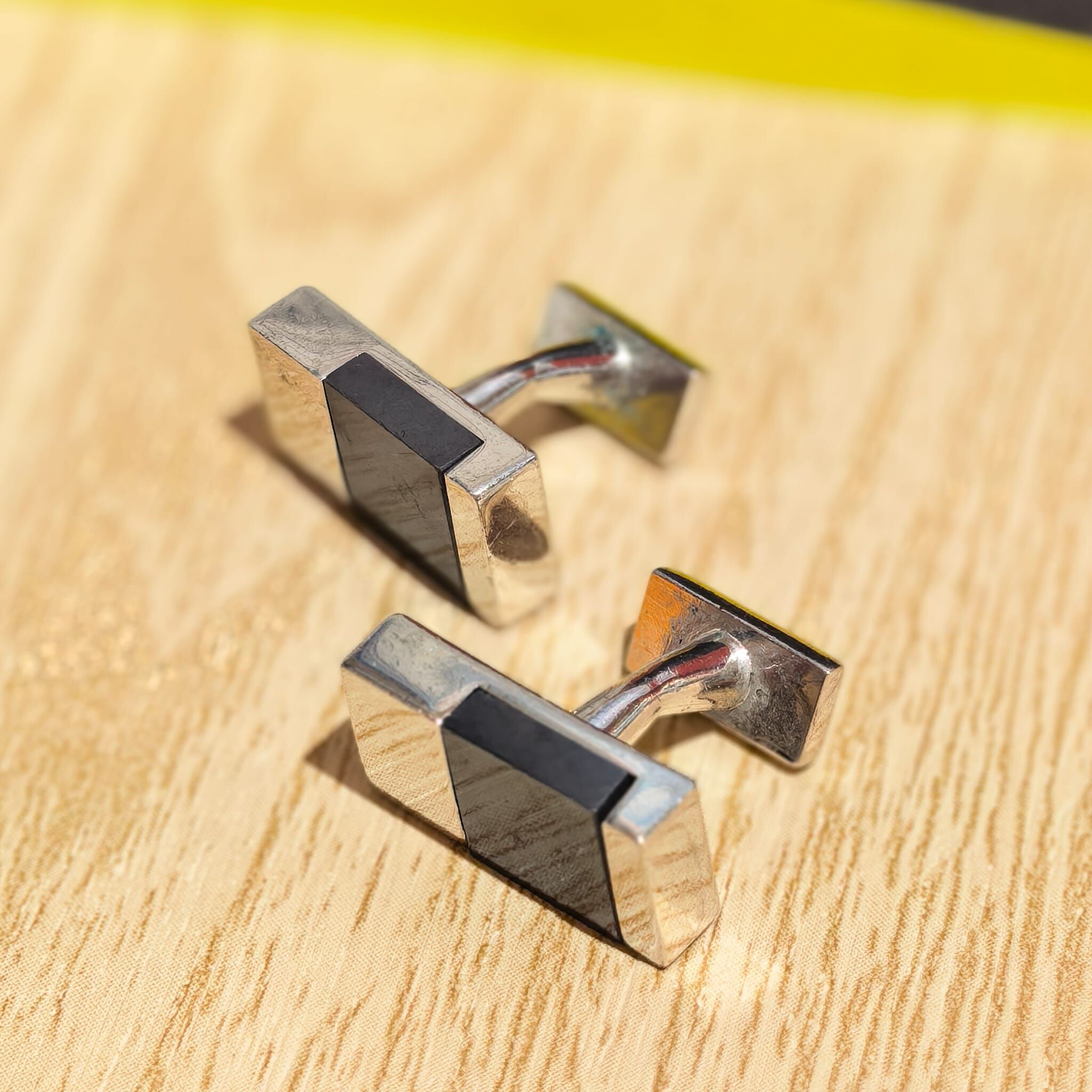 USED 袖口鈕/Cufflinks 銀色金屬鑲黑瑪瑙方柱形袖扣 #香榭站正品