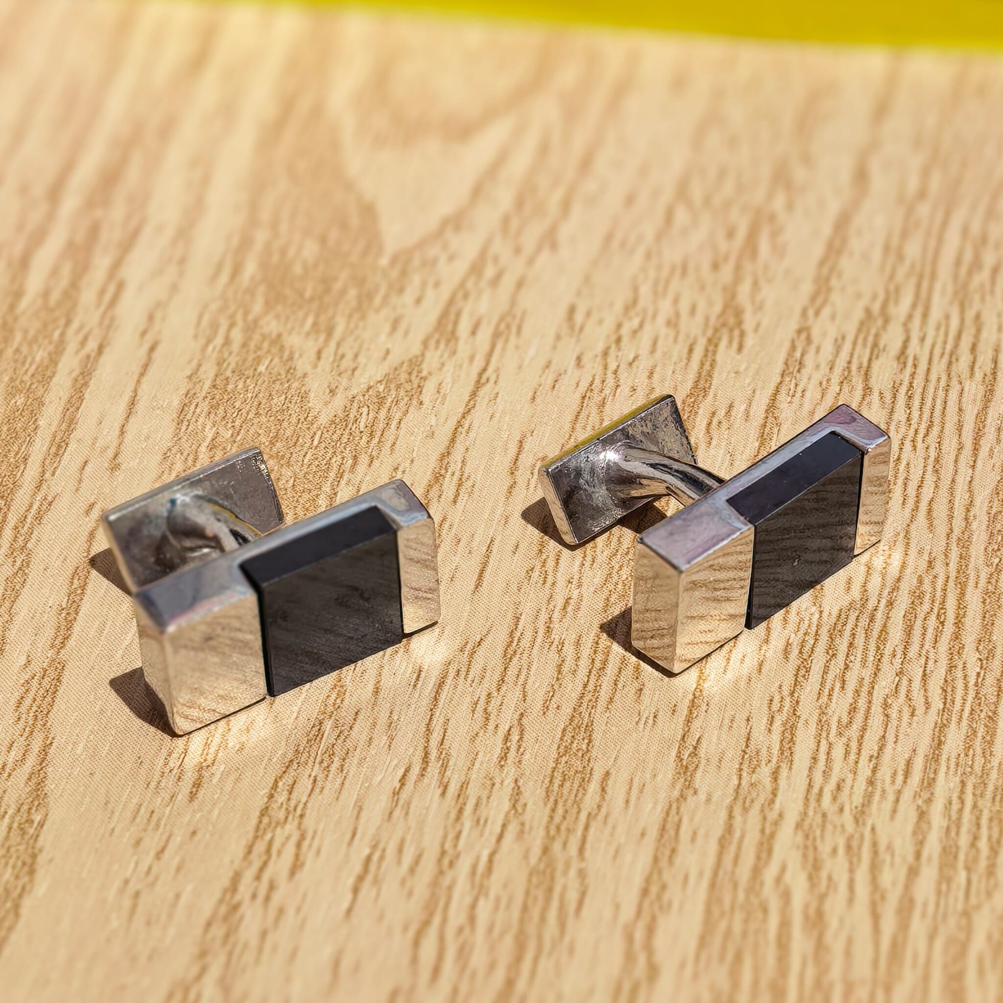 USED 袖口鈕/Cufflinks 銀色金屬鑲黑瑪瑙方柱形袖扣 #香榭站正品