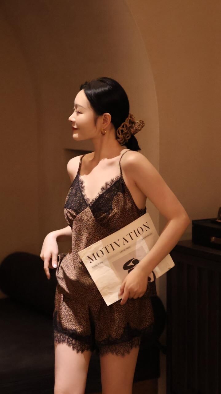 IK22-小豹紋蕾絲睡衣褲套裝