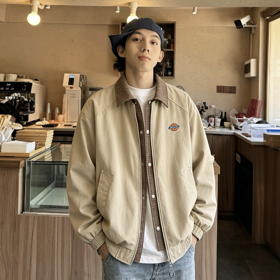 (預購）Dickies 復古 格紋拼接 教練外套 美式 翻領