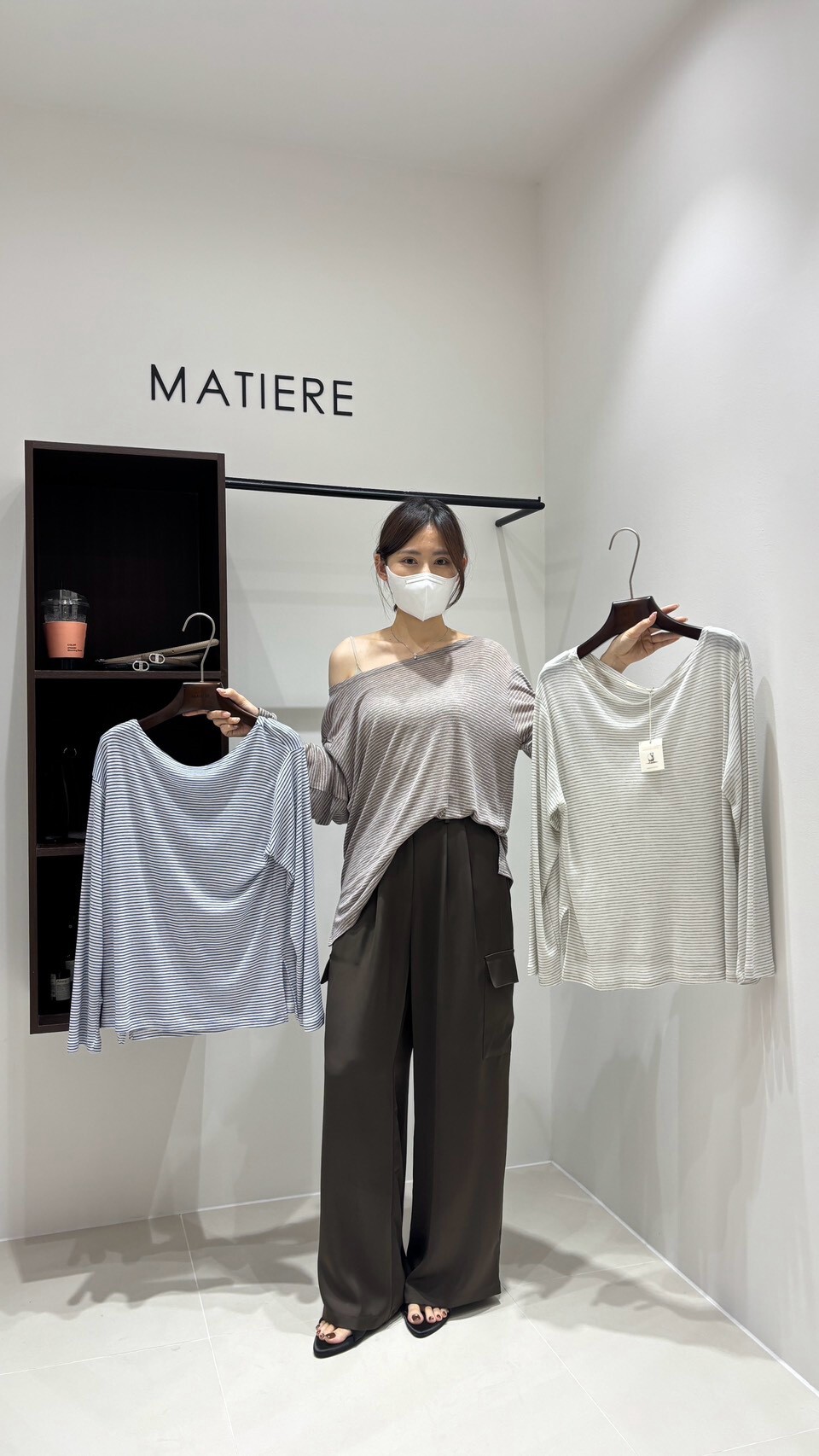 MA7107 韓系慵懶大寬領斜肩細條紋長袖上衣