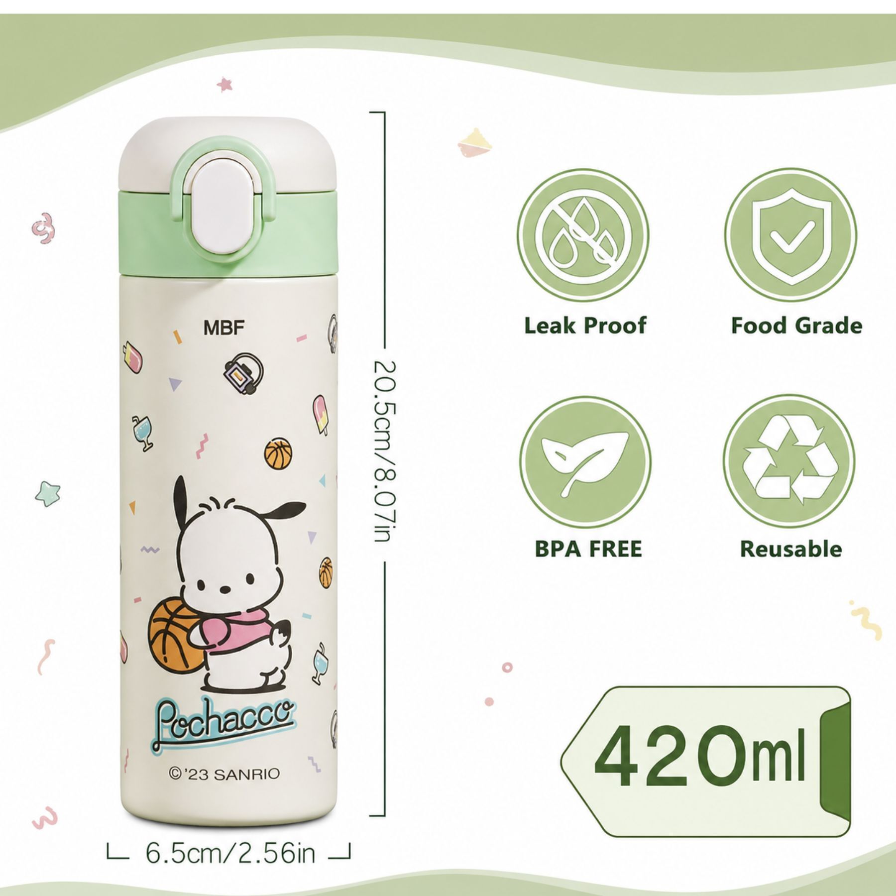 Pochacco Vacuum Flask -with/straw|mug (420ml)