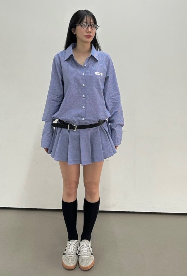 格子襯衫標寬折連身裙