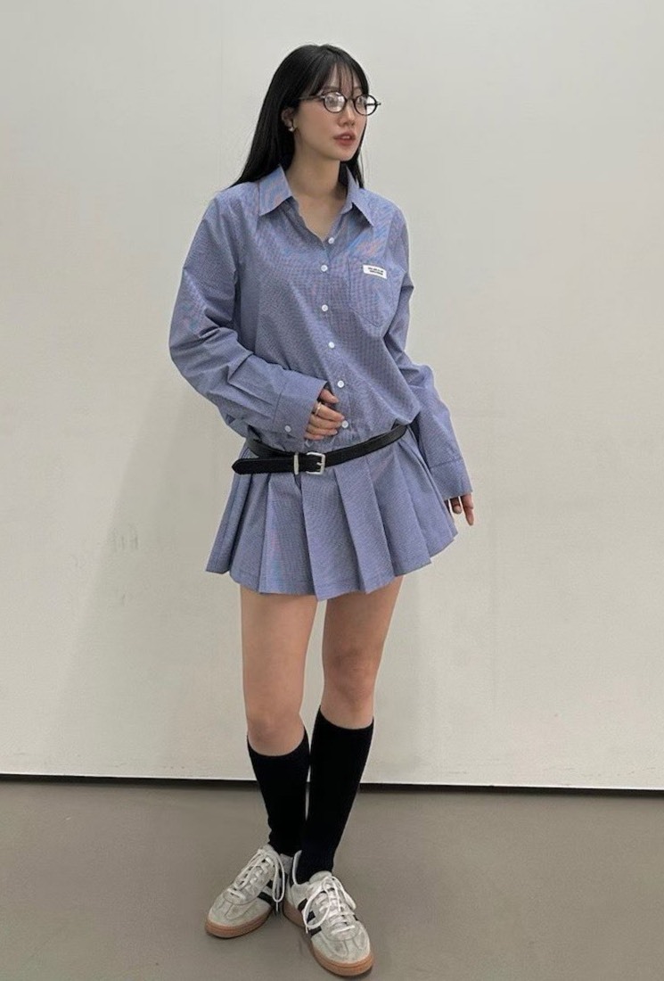 格子襯衫標寬折連身裙