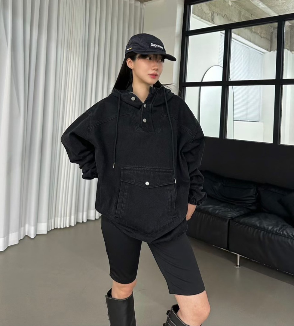 牛仔大口袋連帽短洋裝