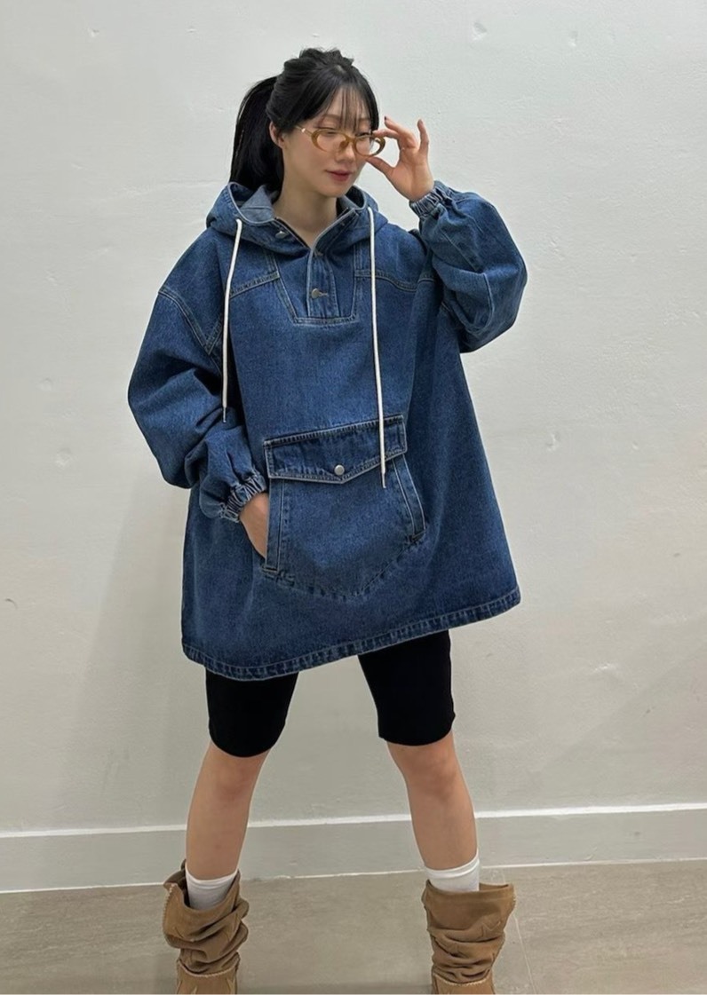 牛仔大口袋連帽短洋裝