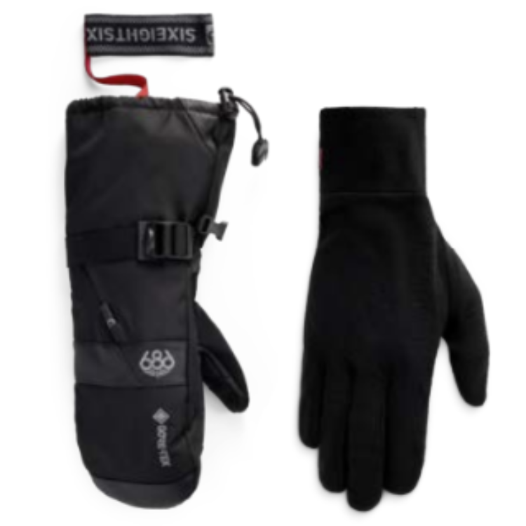 686 GORE-TEX Smarty 3-in-1 Gauntlet Mitt 保暖滑雪連指手套全黑款，外層手套與可拆式五指內層手套正面平鋪展示圖