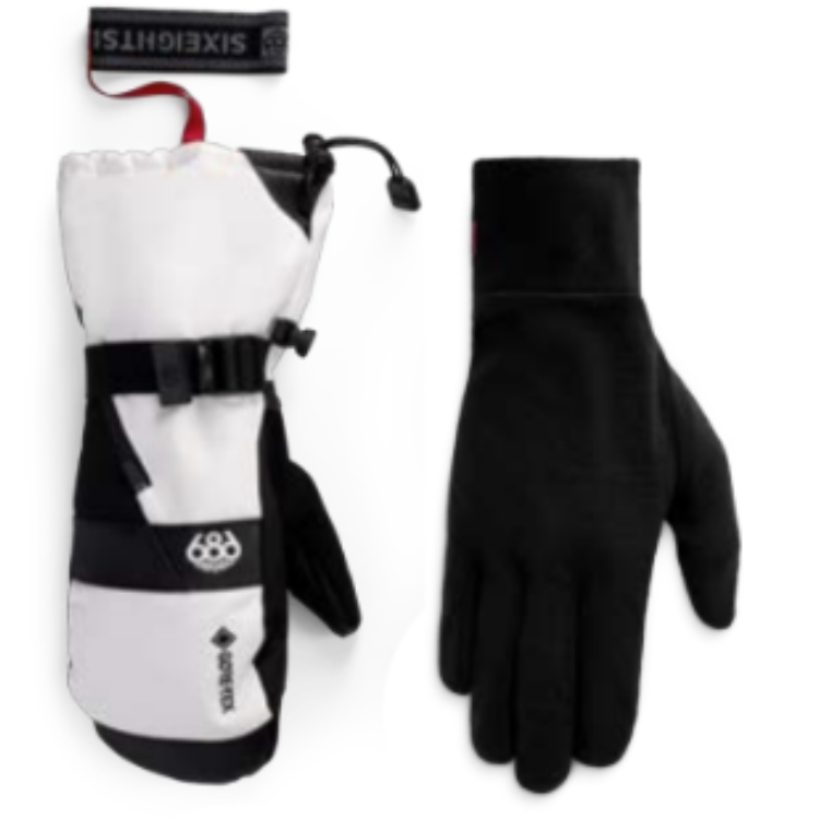 686 GORE-TEX Smarty 3-in-1 Gauntlet Mitt 保暖滑雪連指手套黑白拼色款,外層手套與可拆式五指內層手套正面平鋪展示圖