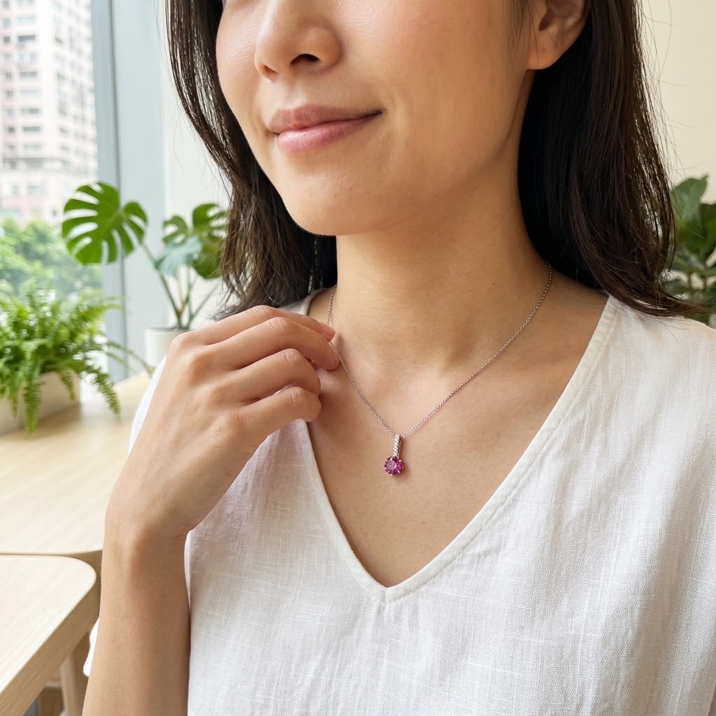 全新18K白金【單粒74份粉紅藍寶】配7份鑽石吊墜