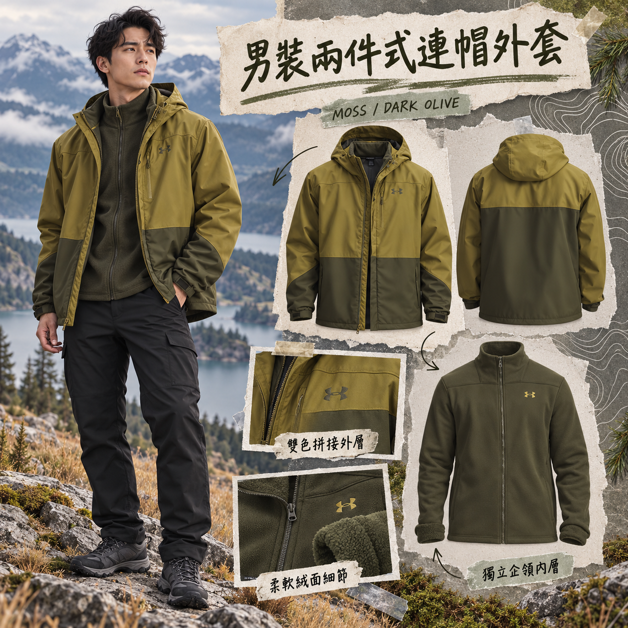【預購】 UNDER ARMOUR N091519 三合一拼色外套 (綠色)