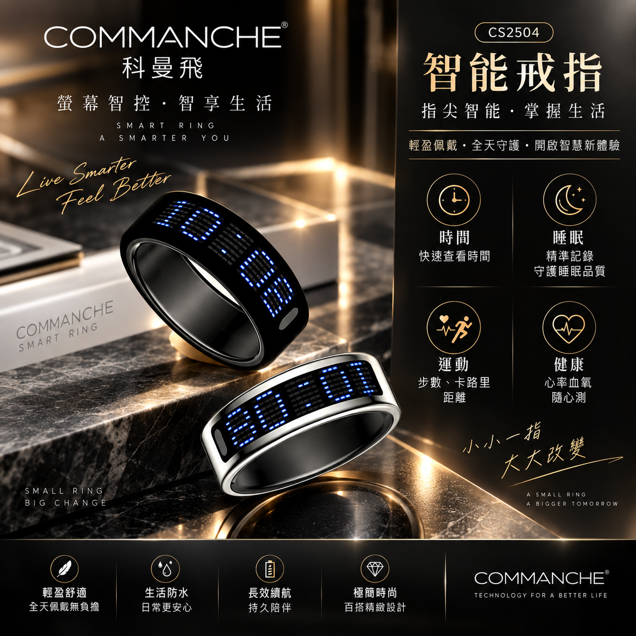 COMMANCHE 科曼飛【正品】智能戒指 Smart Ring CS2504 智能顯示・健康監測・睡眠追蹤・運動記錄